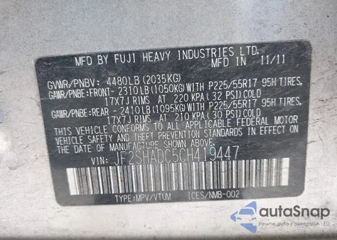 2012 Subaru Forester 2.5X Premium z USA, uszkodzony, nr VIN JF2SHADC5CH419447